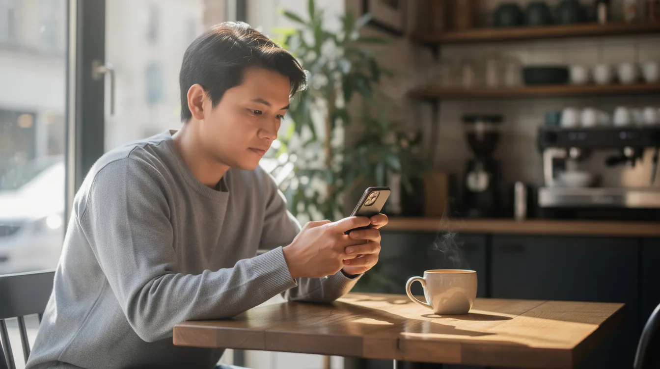 A person is sitting in a cozy coffee shop, thoughtfully gazing at their phone, surrounded by natural lighting that creates a warm atmosphere. This moment captures the essence of emotional intimacy, as they reflect on personal thoughts and feelings, possibly seeking a deeper emotional connection with someone special.