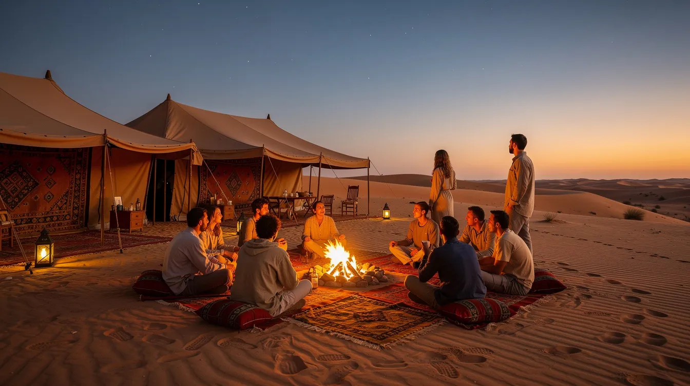 Travelers gather around a camp in the Sahara Desert, surrounded by tents under a clear evening sky as the sun sets, creating a serene atmosphere. They are dressed in light-colored clothing, prepared for the chilly nights, while enjoying the local customs and culture of Morocco.