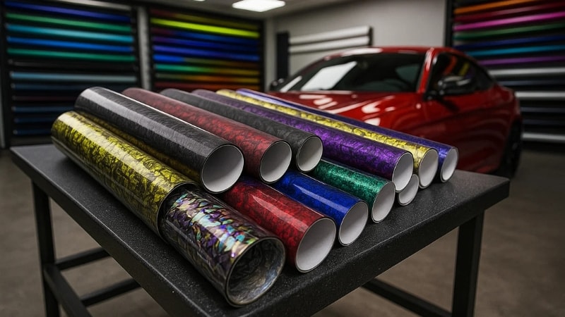 Different vinyl wrap material on display