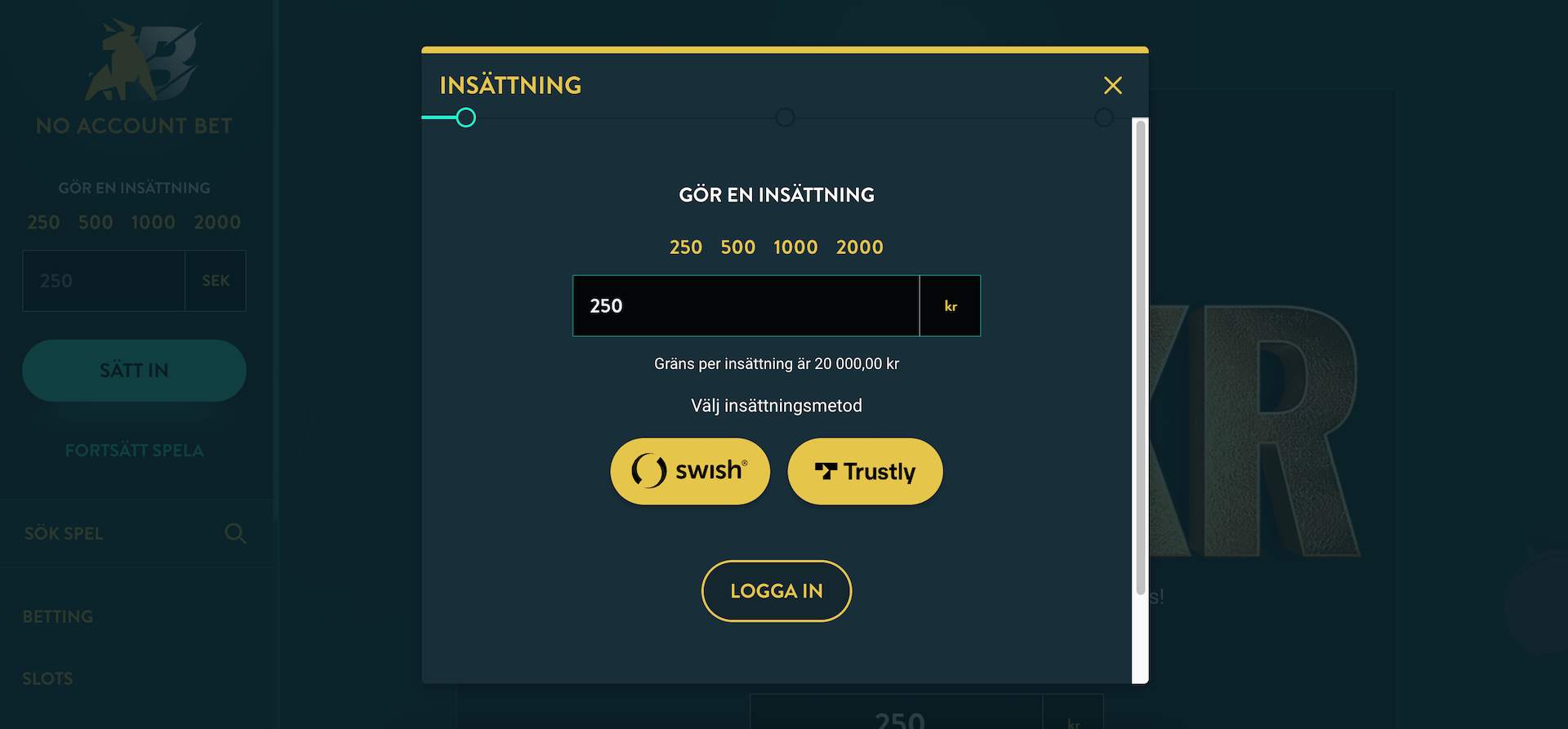 Insättning med Swish eller Trustly hos No Account Bet