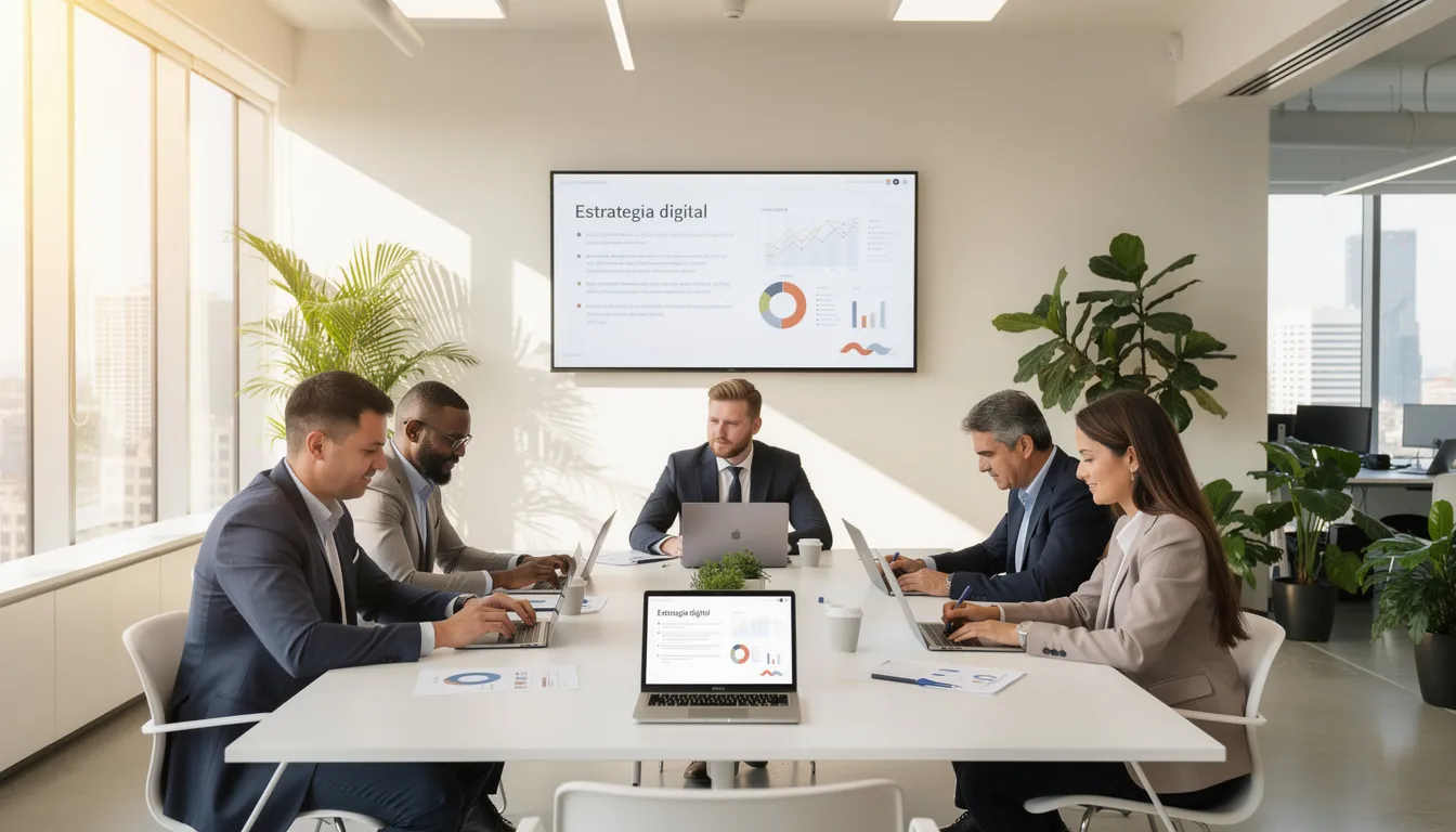 Un equipo de profesionales se encuentra colaborando en una oficina moderna y luminosa, analizando estrategias digitales para el desarrollo de un sitio web a medida. En la mesa, se pueden ver laptops abiertas con gráficos, diseños web y opciones de personalización, mientras discuten sobre las ventajas de las plantillas frente a un diseño premium.