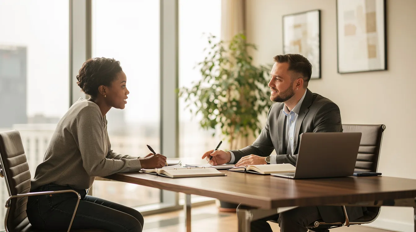 In a bright modern office, a family law attorney and a client are seated across a desk, calmly reviewing divorce papers together. The warm atmosphere is enhanced by soft natural light, creating a reassuring environment for discussing family law cases and the divorce process.