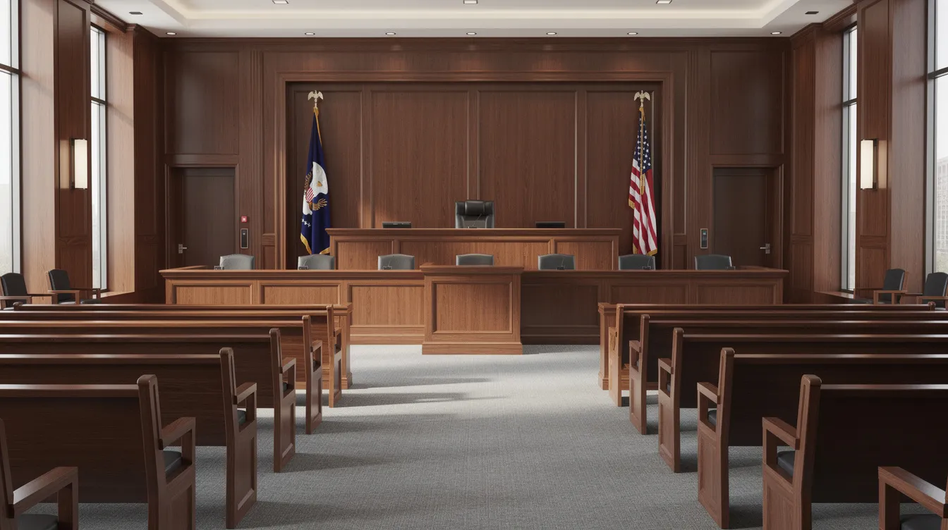 The image depicts a modern courtroom interior featuring polished wooden benches and an American flag prominently displayed. This setting is where personal injury cases, including wrongful death and car accident claims, are addressed by experienced personal injury attorneys seeking justice for their clients.