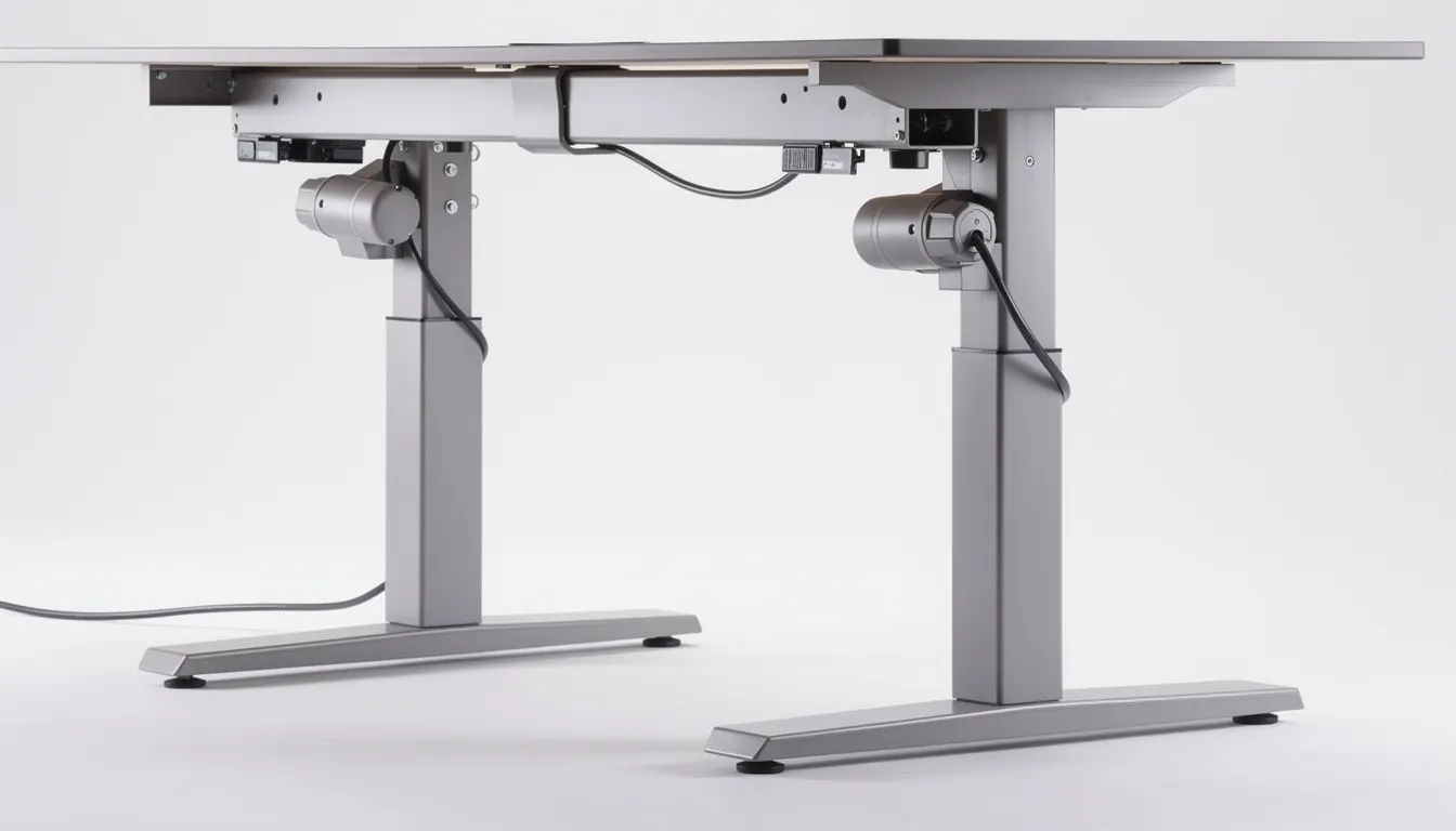 A close-up view of a sturdy height adjustable desk frame features dual motorized legs and a crossbar, showcasing its modern design and robust build quality. This electric standing desk is designed for easy height adjustments, allowing users to switch between sitting and standing positions for improved posture and productivity in any office space.