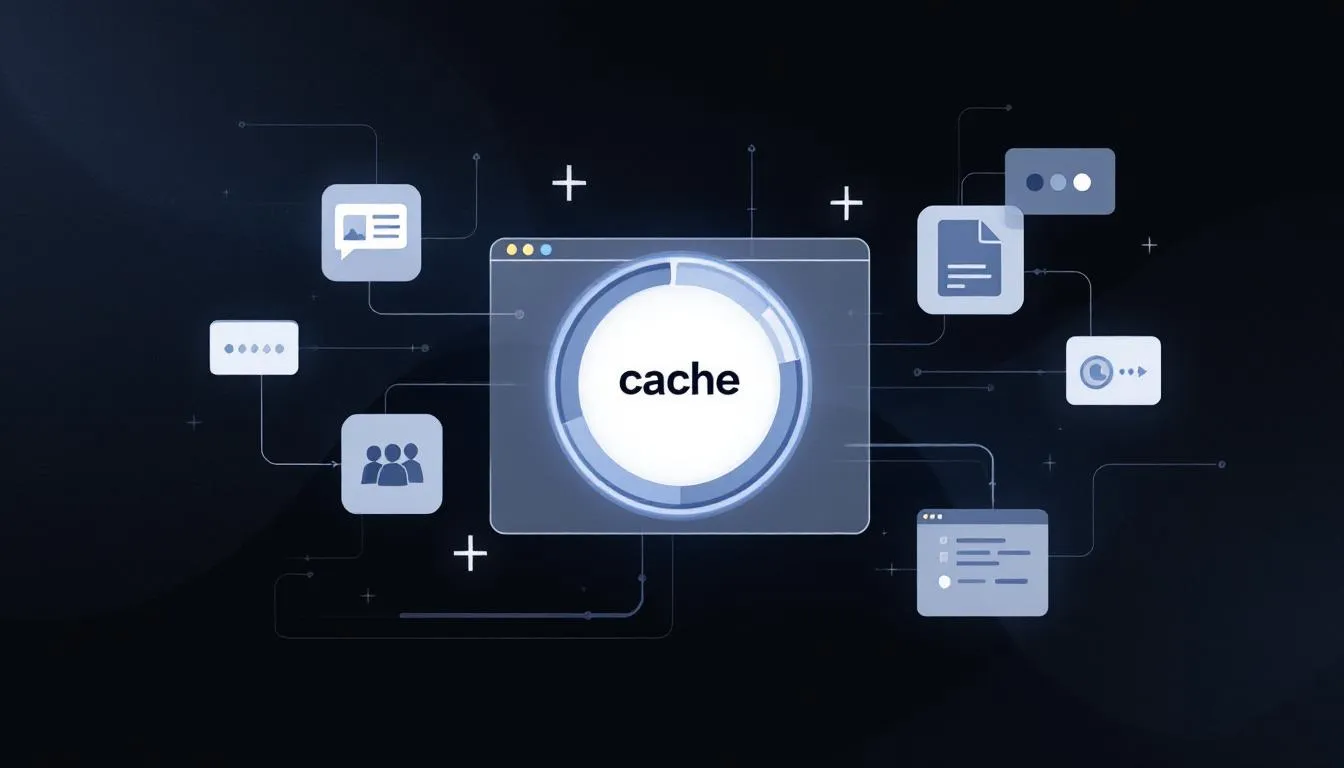 Une repr&eacute;sentation visuelle du concept de cache et de son importance dans le fonctionnement des navigateurs. Cela inclut des &eacute;l&eacute;ments symbolisant la m&eacute;moire cache et les fichiers en cache.