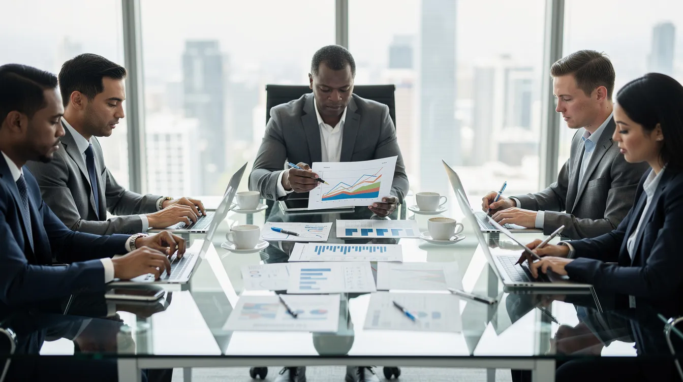 The image shows a group of business professionals gathered around a conference table, intently reviewing financial documents that include income statements and revenue metrics. They are discussing key aspects of financial performance, such as gross and net revenue, to make informed business decisions.