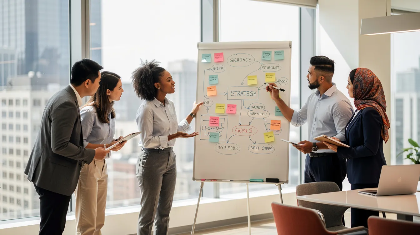 A diverse team of professionals collaborates around a whiteboard in a bright, modern office, brainstorming ideas and strategies for an effective cold email campaign. The atmosphere is dynamic and focused, showcasing teamwork aimed at addressing customer pain points and improving outreach efforts.
