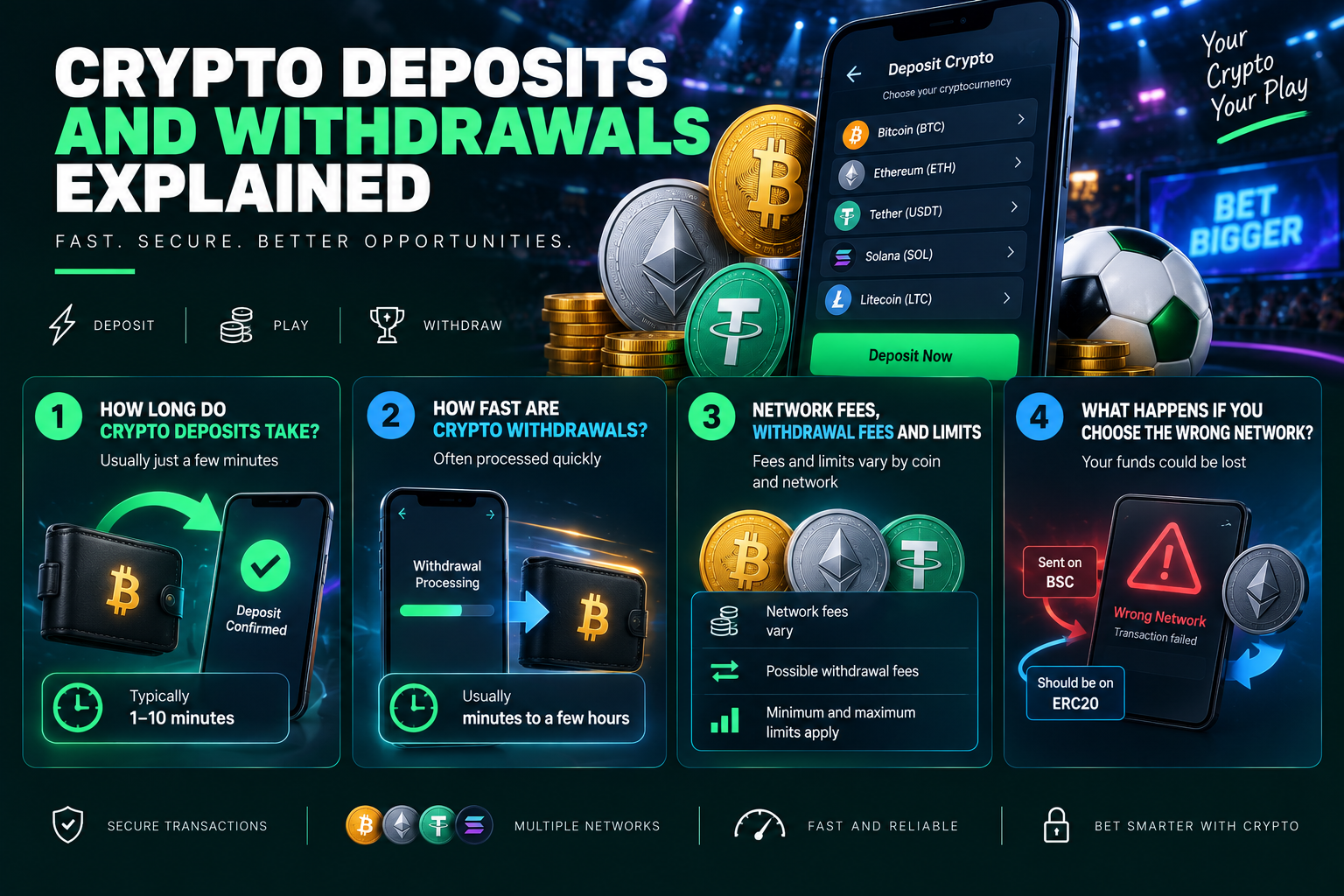 Infographic explaining crypto transactions at Bitcoin betting sites, including instant deposits, fast crypto withdrawals and network fees.