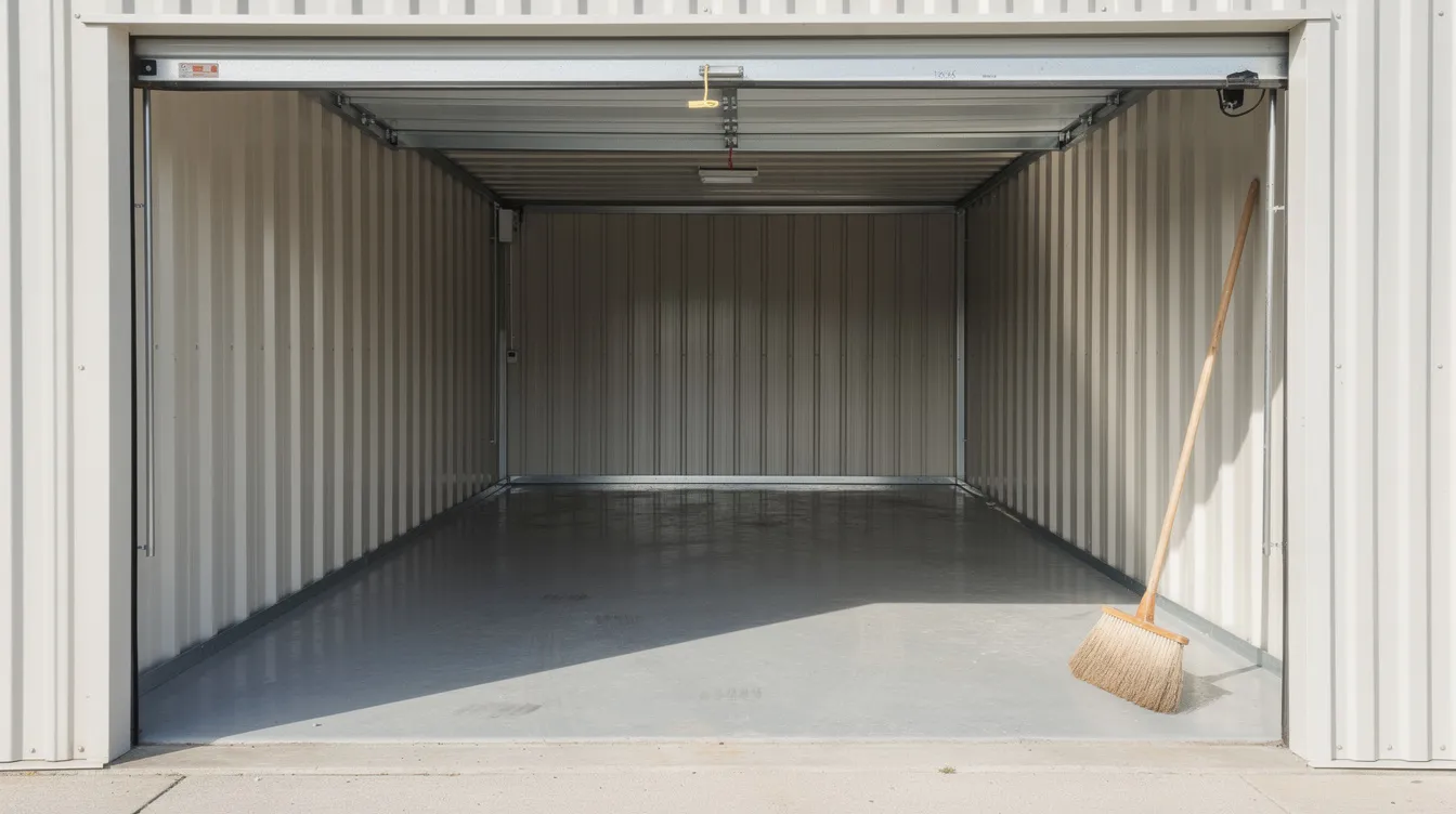 Clean empty storage unit with the roll-up door open and a broom leaning against the wall