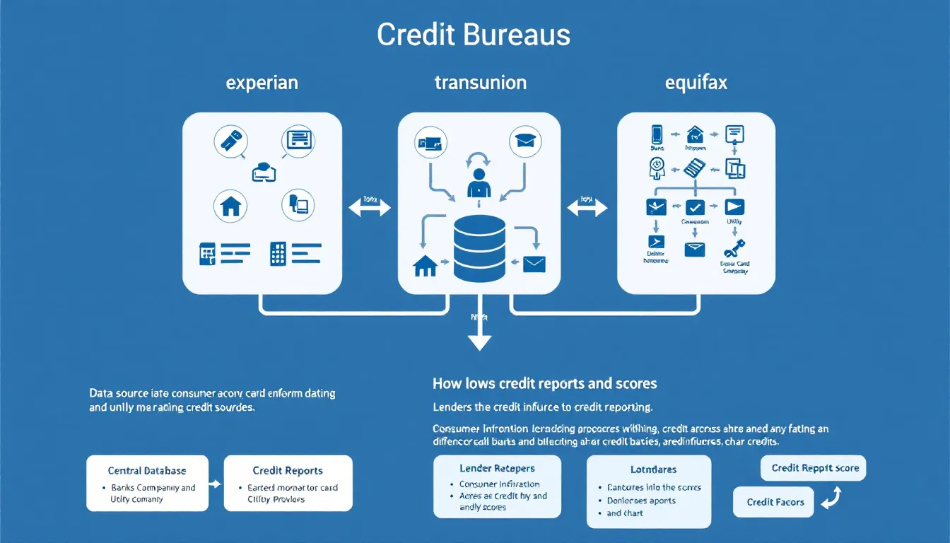 The image depicts a person analyzing their credit report, surrounded by icons representing credit bureaus and financial tools. It illustrates the process of understanding credit scores, identifying credit report errors, and employing credit repair strategies to manage finances effectively.