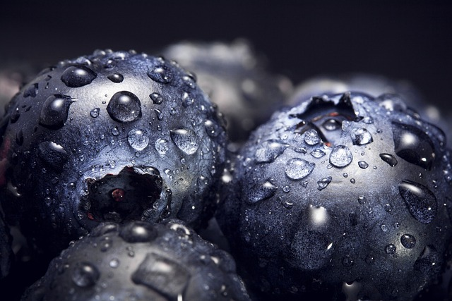 Blueberries with water droplets on them, hydrated