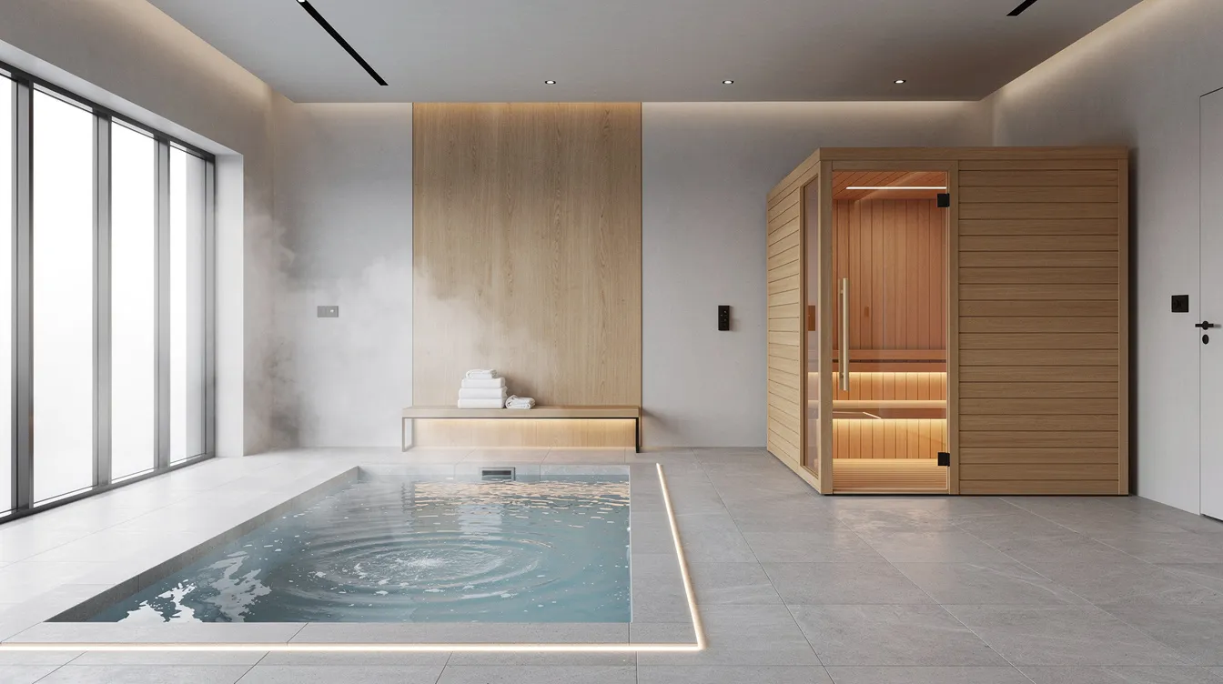 The image depicts a modern wellness center interior featuring a sleek cold plunge tub alongside a traditional wooden sauna cabin. This inviting space is designed for cold plunge therapy, promoting recovery and health benefits through hot and cold therapy options.
