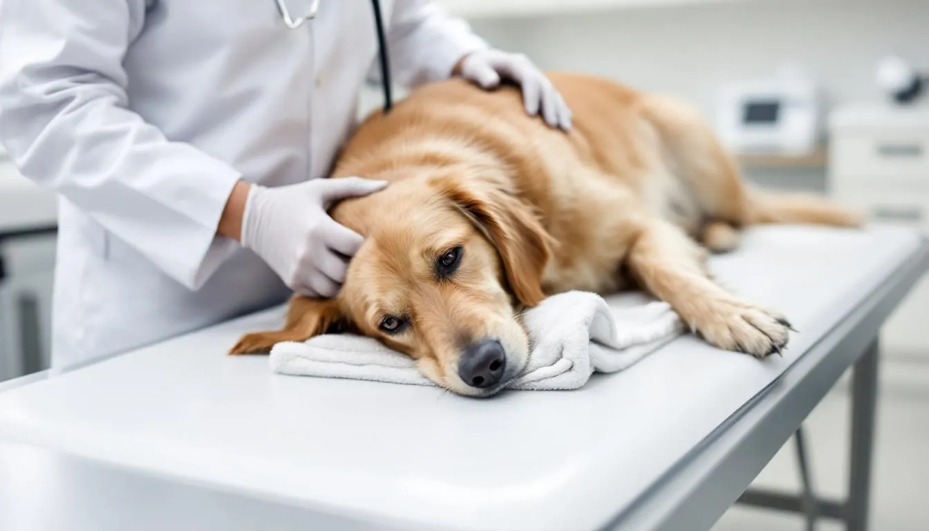 A veterinarian is examining a dog on an examination table, checking its health and well-being. The scene emphasizes the importance of pet care, especially when considering what foods, like turkey, are safe for dogs to eat.