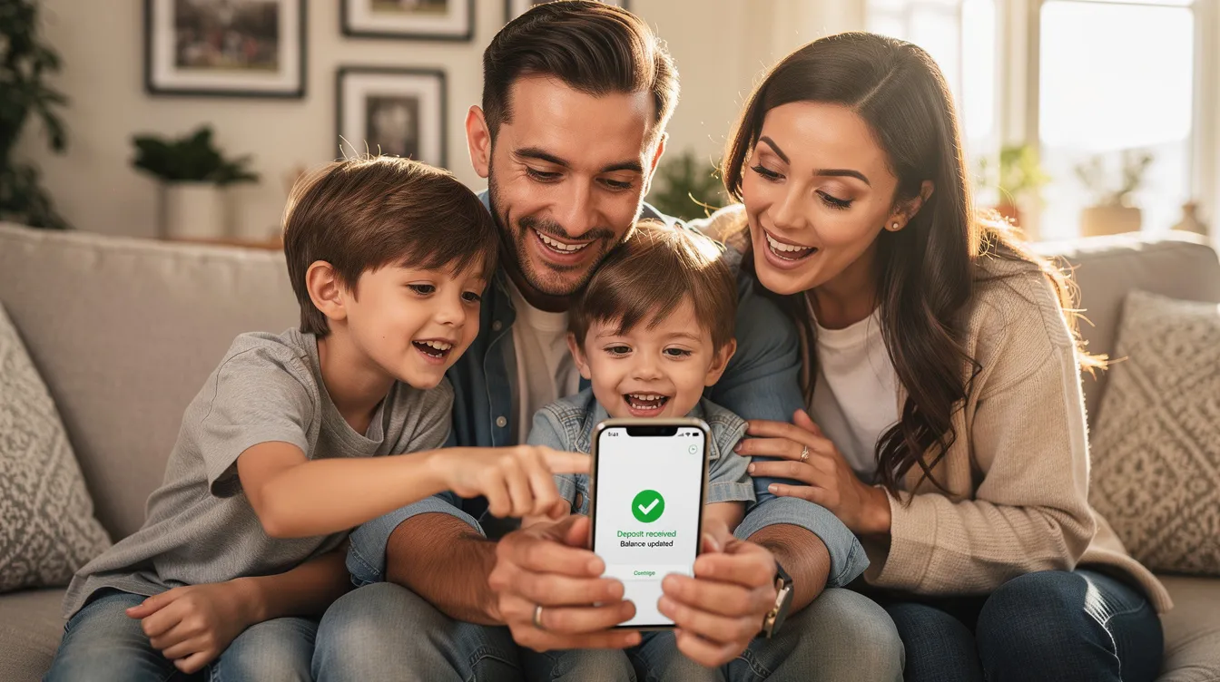 A joyful family is gathered at home, excitedly checking a mobile phone notification together, indicating they've received good financial news, possibly related to a bank transfer or remittance. The moment captures their happiness and relief, suggesting they may have successfully received funds from overseas, making it a significant occasion for them.