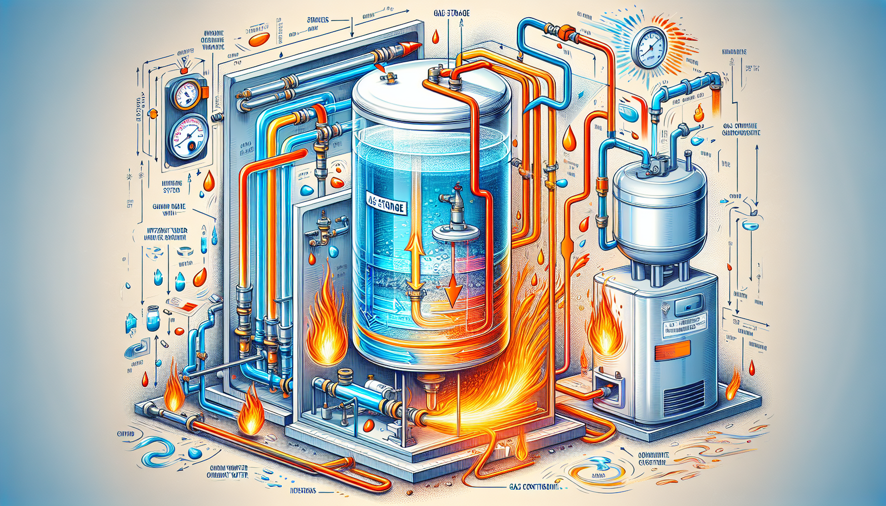 An artistic depiction of gas hot water systems, including storage and continuous flow options.