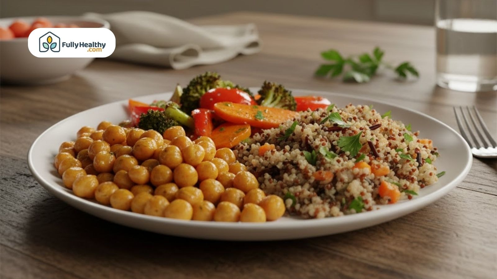 Plate with roasted chickpeas, cooked grains, and mixed vegetables.