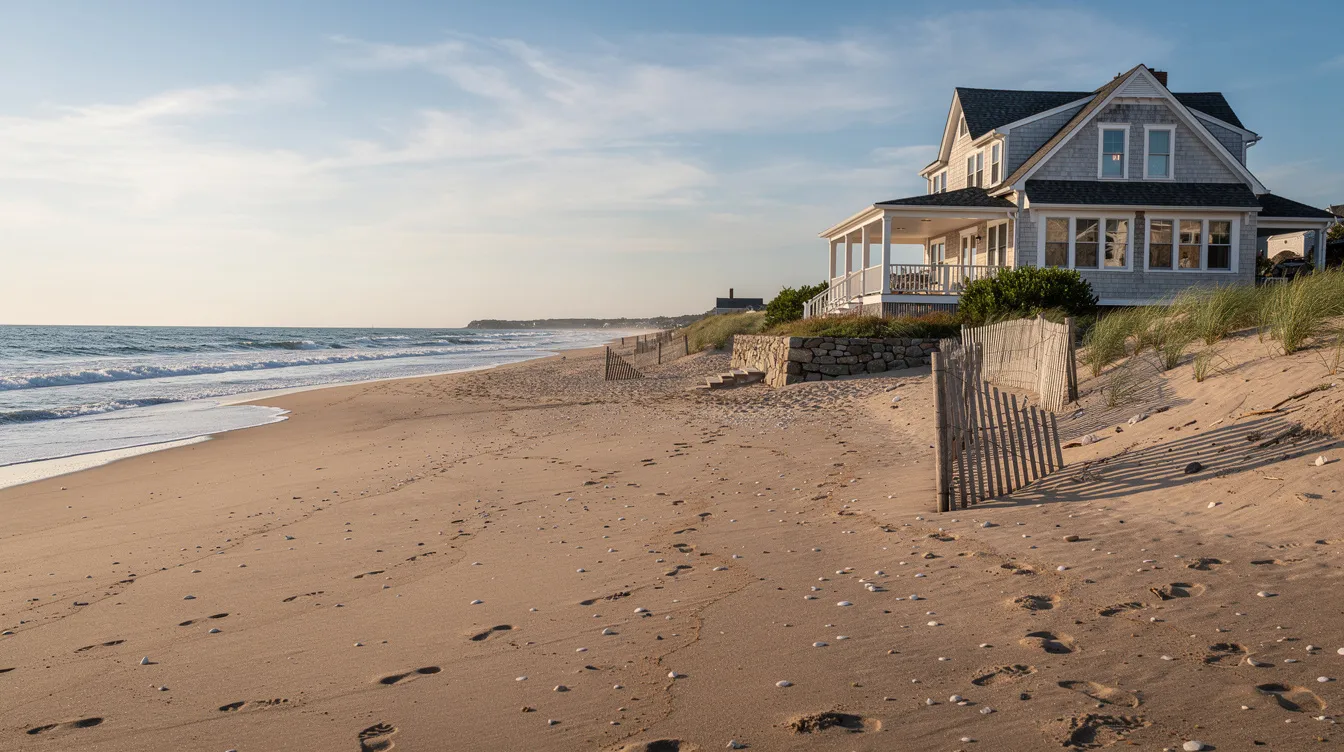 The image depicts a picturesque Connecticut shoreline featuring a sandy beach and clear blue water, with a classic New England coastal home visible in the background. This scenic view captures the essence of the real estate market in coastal areas, appealing to potential buyers looking for their dream home by the water.