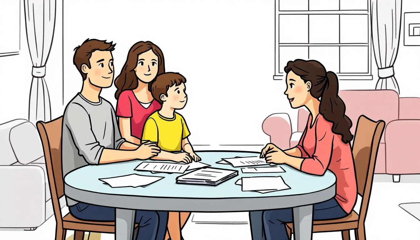A family discussing debts and property division during a divorce process.