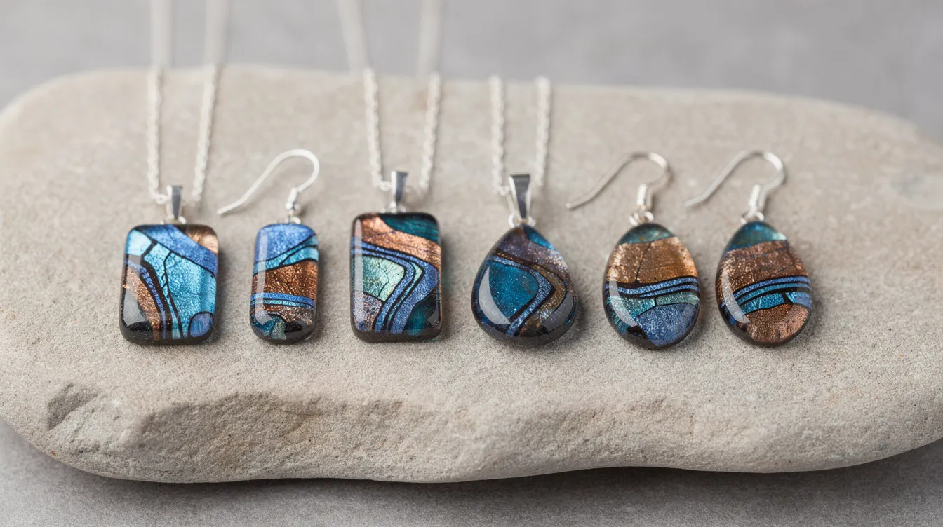 This image features handmade dichroic glass jewelry, including pendants and earrings, showcasing vibrant iridescent blue and copper tones that change with light conditions. The unique dichroic properties of the glass create a stunning visual effect, reflecting different colors at various angles.