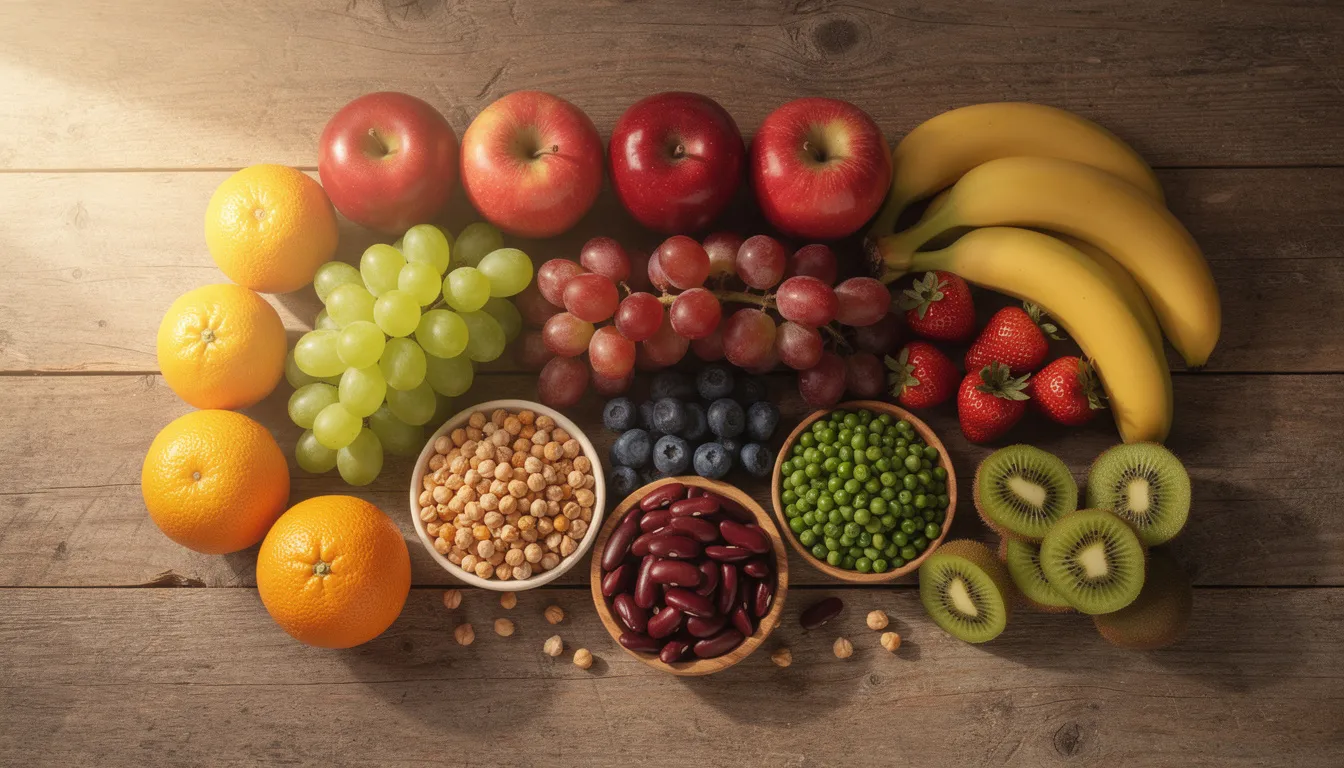Une table en bois est garnie de fruits frais colorés, tels que des pommes, des oranges et des baies, ainsi que de légumineuses comme des haricots rouges, évoquant une alimentation saine et équilibrée. Cette composition met en avant les bienfaits des aliments naturels pour le corps humain et le bien-être général.