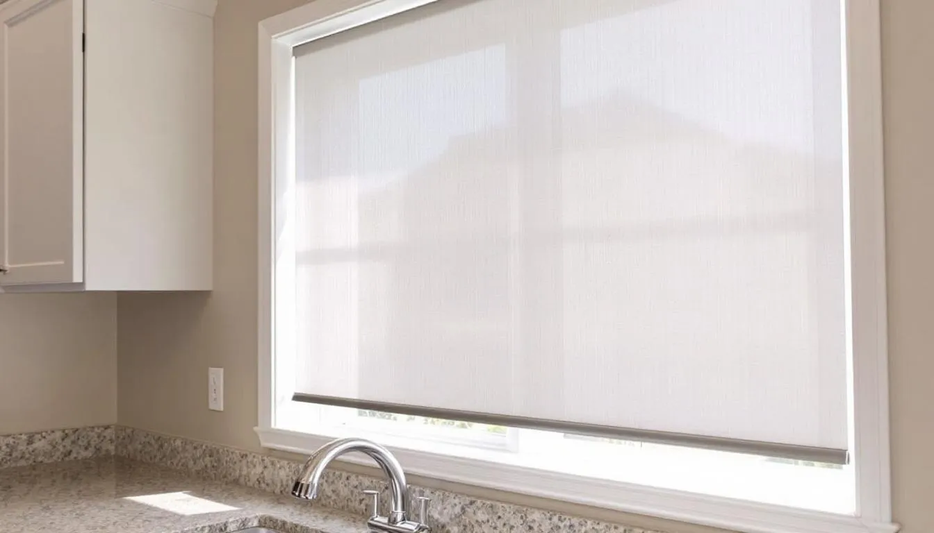 The image shows a bright kitchen window adorned with solar roller shades, filtering natural light that enhances the space for preparing food. The clean look of the shades complements the modern design, allowing for a comfortable cooking environment near the sink, stove, and refrigerator.