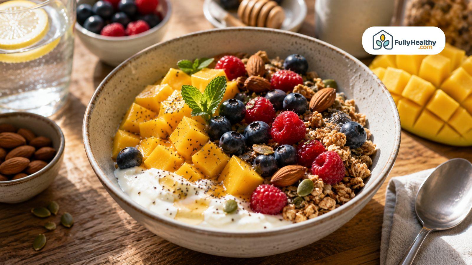 Healthy breakfast bowl with mango yogurt granola berries almonds and pumpkin seeds