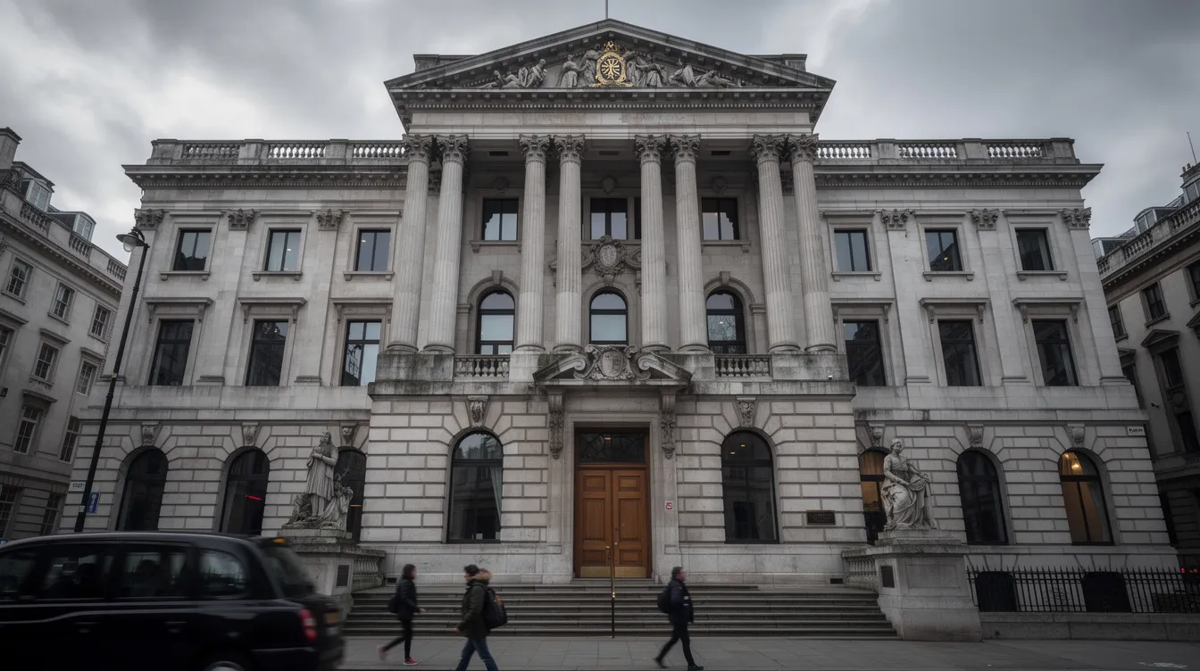 Das Bild zeigt ein historisches Gerichtsgebäude in London mit einer beeindruckenden Steinfassade und Säulen, das an einem bewölkten Tag aufgenommen wurde. Diese Architektur könnte mit den aktuellen Vorwürfen gegen den Schauspieler Kevin Spacey in Verbindung gebracht werden, der wegen sexueller Übergriffe vor Gericht steht.