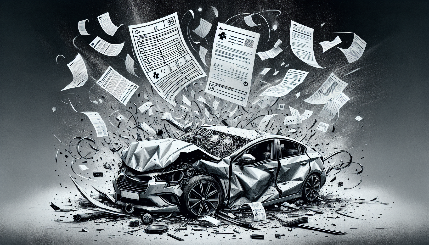 Illustration of a car accident scene with medical bills and insurance documents