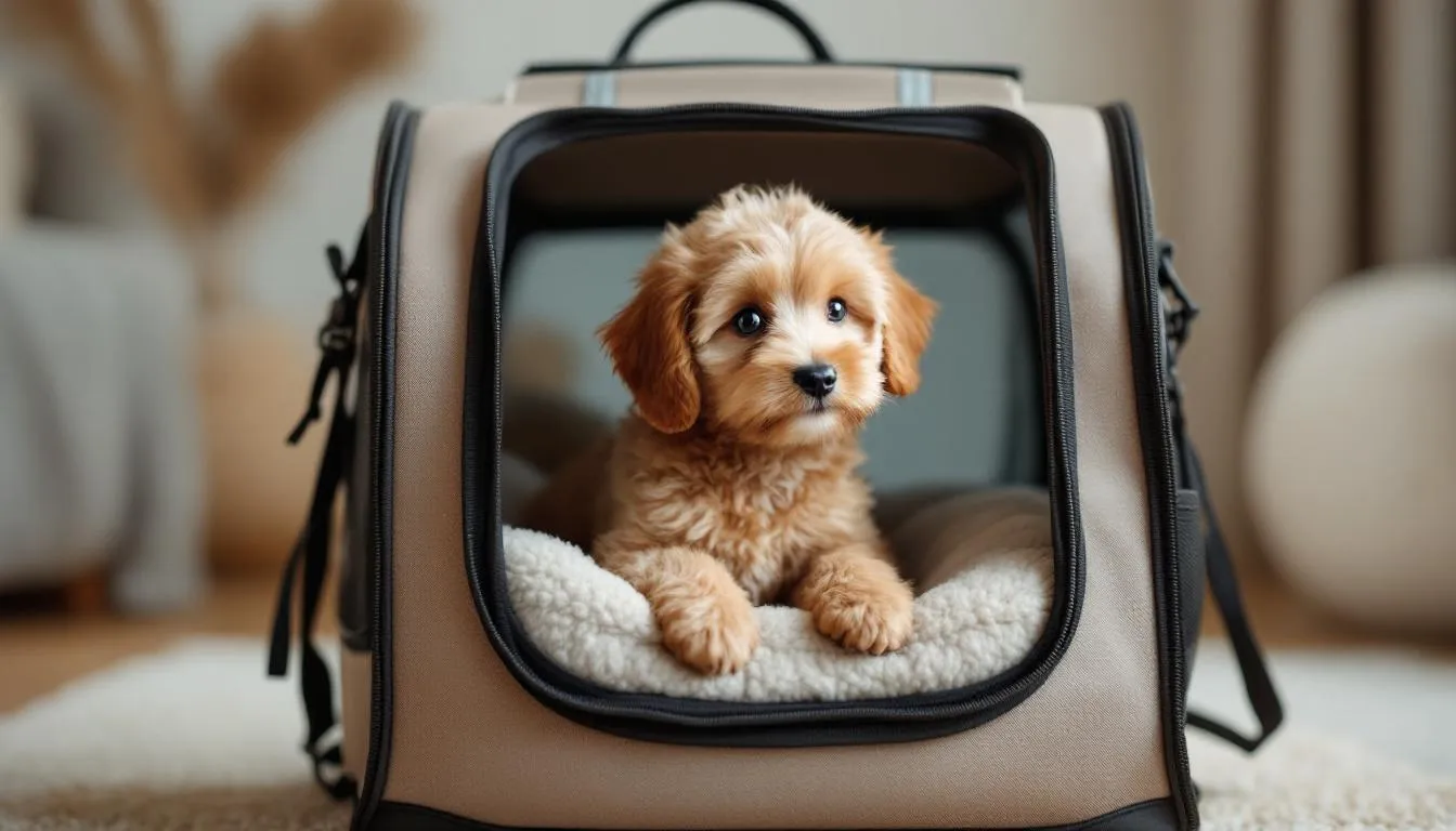 A micro teacup goldendoodle sits comfortably in a small travel carrier, showcasing its compact size and adorable features. This charming hybrid breed, known for its hypoallergenic coat and gentle disposition, appears ready for an adventure.