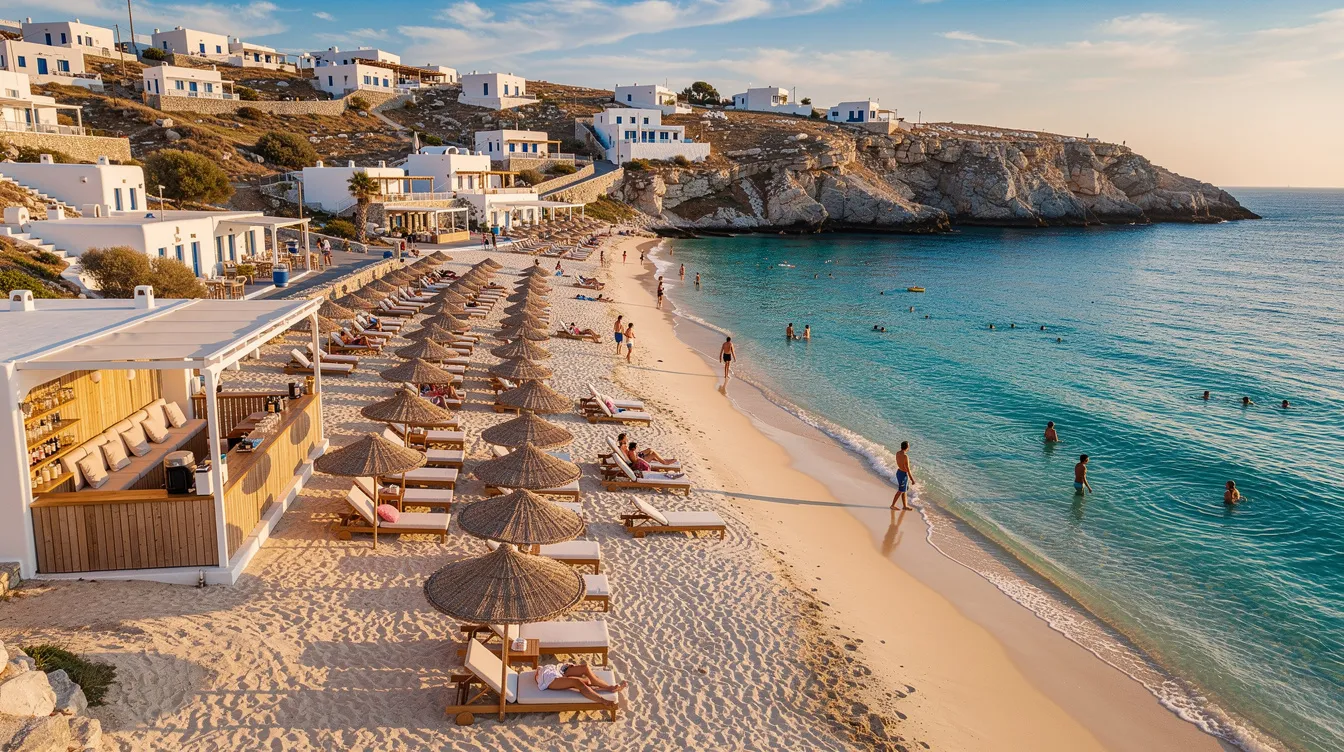 Imagem de uma praia paradisíaca em Mykonos, na Grécia, com areia branca e fina, águas cristalinas do mar Egeu e algumas pessoas relaxando sob guarda-sóis coloridos. Ao fundo, pode-se ver formações rochosas e vegetação típica da ilha, criando um cenário perfeito para uma viagem de sonho.