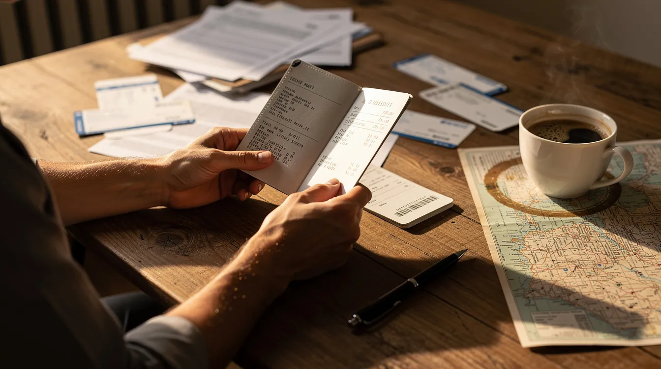 A person is seated at a wooden desk, carefully reviewing travel documents and a passport while sipping coffee. The scene captures the essence of preparing for immigration to Ireland, highlighting the importance of understanding immigration requirements and necessary documentation such as visas and employment permits.