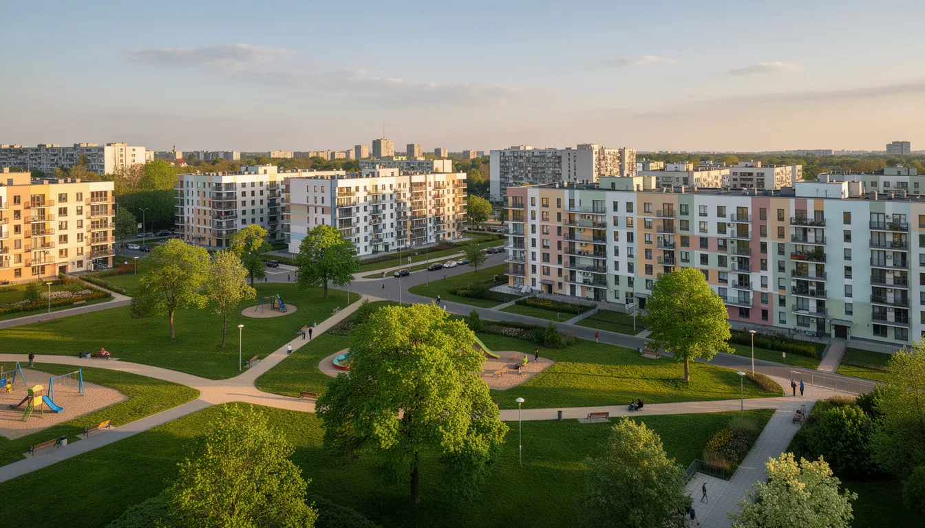 Panorama dzielnicy Bemowo ukazuje nowoczesne budynki mieszkalne otoczone terenami zielonymi, co sprawia, że jest to idealne miejsce do życia. W tle widać elementy charakterystyczne dla rynku nieruchomości w Warszawie, co podkreśla atrakcyjność tej lokalizacji.
