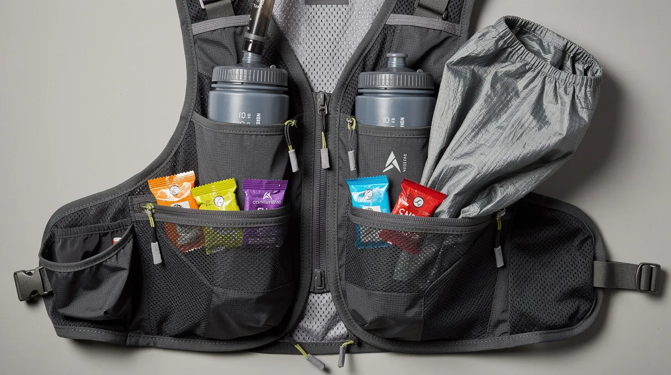 A close-up view of a hydration vest showcases its multiple pockets, including two soft flask pockets and a zippered pocket, all filled with soft flasks and gels, while a windbreaker is neatly stuffed in the back pocket. This running hydration vest is designed for optimal storage capacity and a snug fit, making it ideal for trail running and race day.