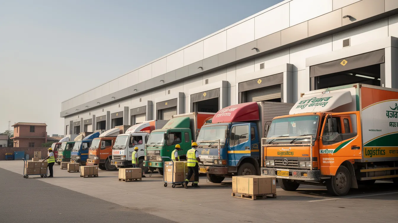 c2cb1506 07b6 4502 8e84 10d4551b26f3 The image shows a row of delivery trucks parked at a modern loading dock of an Indian warehouse, indicating busy business operations and logistics. This scene highlights the importance of efficient supply chain management for successful businesses and local businesses meeting market demands.