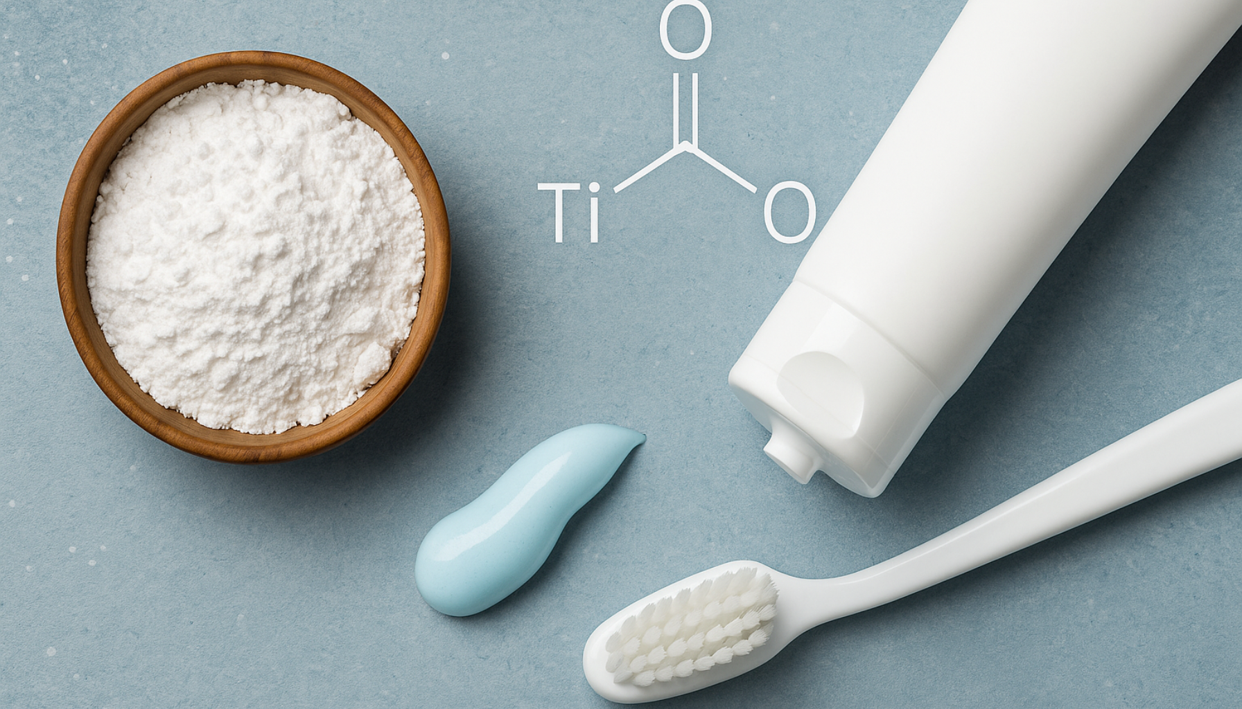 Børste med tannkrem, tannkremtube og skål med titandioksidpulver vist på blå bakgrunn.