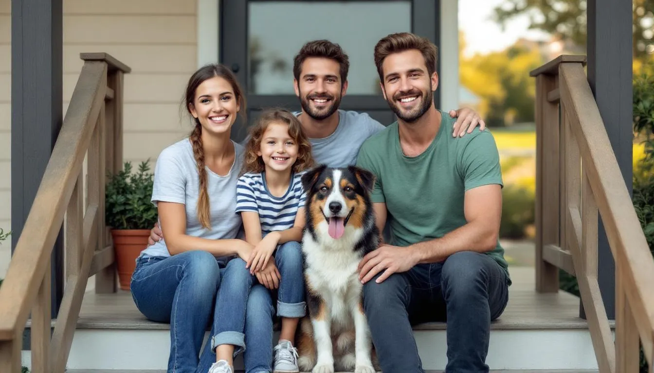 A family of five, consisting of a mother, father, and three children of varying ages, sits together on the steps of their front porch with a friendly medium-sized mixed breed dog. This scene captures the warmth of family life, showcasing the dog as an eager-to-please companion that gets along well with the kids, making it an excellent family dog.