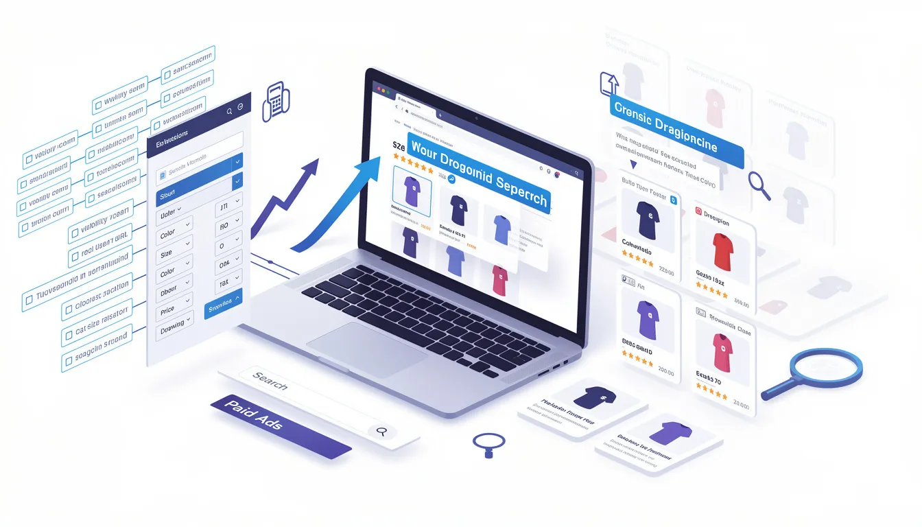 The image illustrates the concept of ecommerce SEO, showcasing various elements such as product and category pages, keyword research tools, and analytics dashboards. It highlights the importance of optimizing an ecommerce site for search engines to enhance visibility and drive organic traffic, while addressing challenges like duplicate content and site structure.
