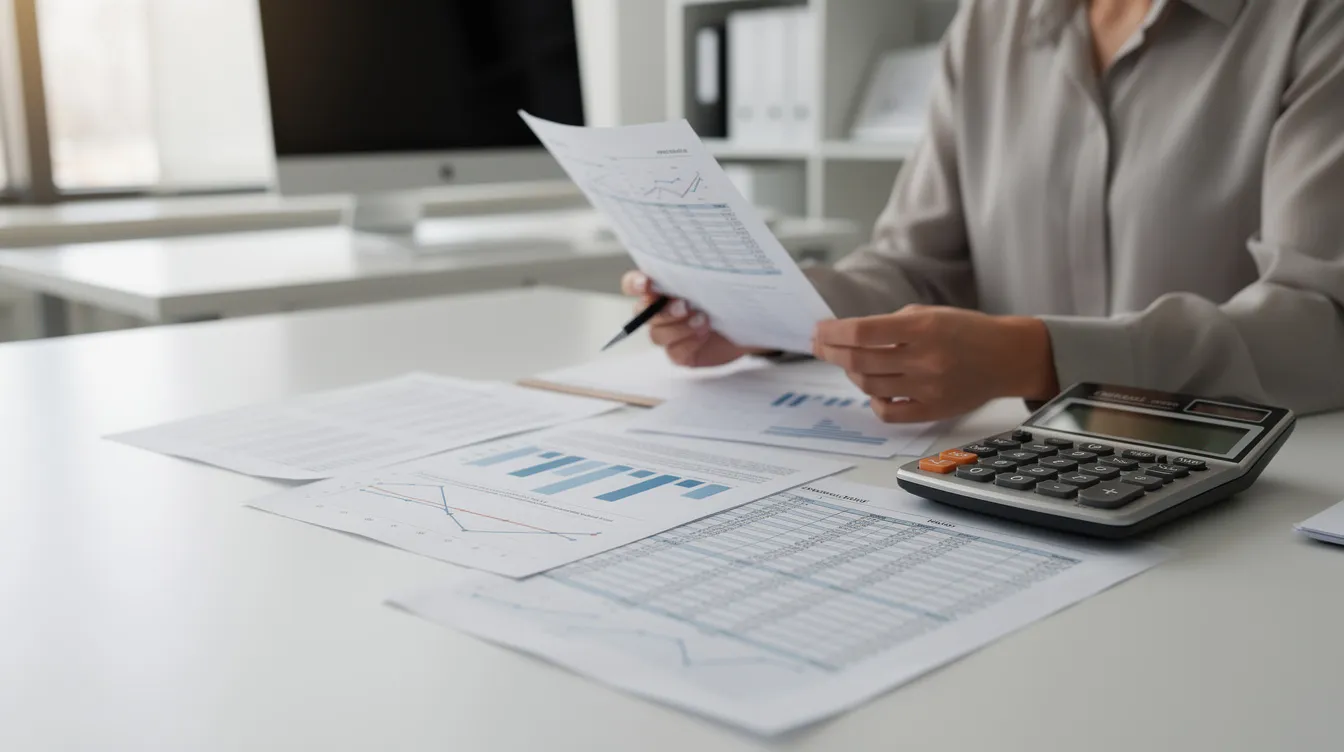 c2ce2ffe e2c2 40f6 ac27 dbb352fc4438 A person is sitting at a desk, reviewing printed financial documents including a balance sheet and cash flow statements, with a calculator positioned nearby. This scene highlights the importance of financial analysis and preparation for obtaining bank loans, such as the need for detailed project reports and CMA data.