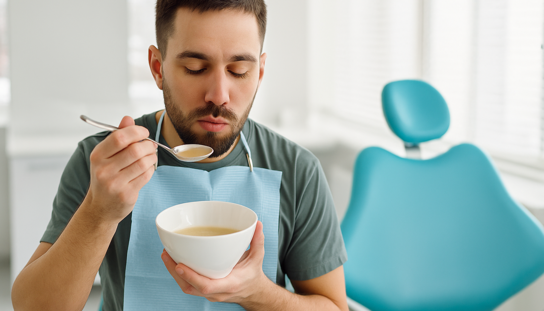 Pasient spiser lunkne supper etter tannbehandling – anbefalt første døgn.