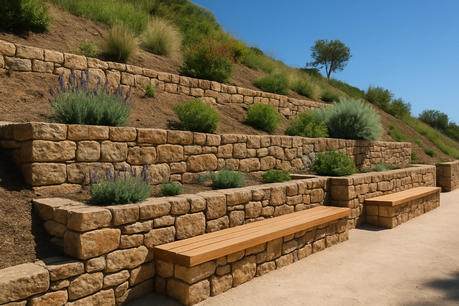 Garden retaining wall with built-in seating and stone finish.