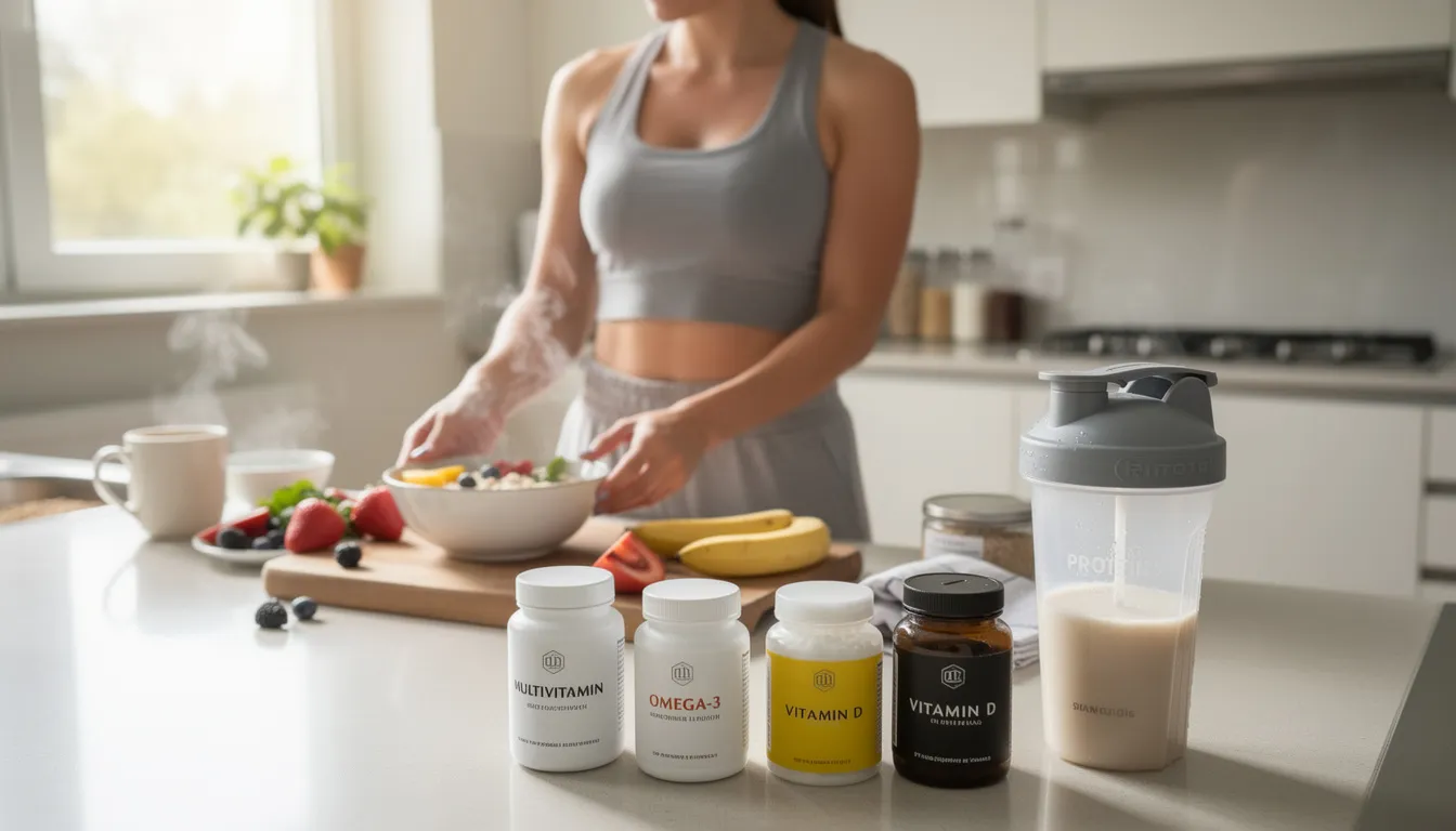 A person is preparing a healthy morning breakfast, with a protein shaker and various dietary supplements, including creatine, visible on the counter, highlighting the importance of creatine supplementation for muscle growth and recovery. The scene emphasizes the role of consistent creatine intake in enhancing athletic performance and muscle strength, even on rest days.