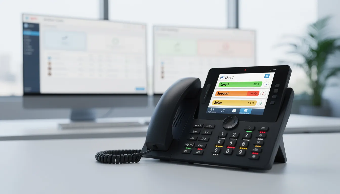 The image showcases a modern office phone system equipped with multiple lines and visual indicators for call routing, designed to manage high call volumes effectively. This setup helps businesses minimize missed calls and improve customer satisfaction by ensuring that incoming calls are directed to the right person during business hours.