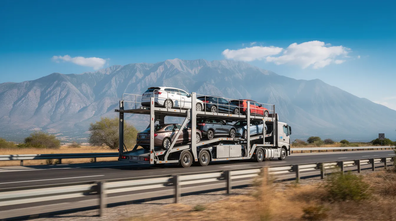 A car carrier truck is driving on a highway with a stunning mountain range in the background, showcasing the scenic beauty of Colorado. This image highlights the efficient auto transport services available for car shipping companies, making it an ideal representation of vehicle transport in the Denver area.