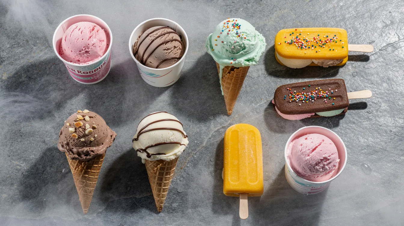 The image showcases an assortment of ice cream products, including cups, cones, sticks, and sandwiches, all neatly arranged on a cold surface, highlighting the variety available in the ice cream production process. The display emphasizes the finished products of industrial ice cream manufacturing, showcasing their appealing textures and flavors.