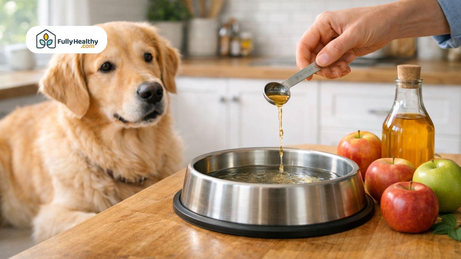 Adding apple cider vinegar to dog water bowl with fresh apples nearby