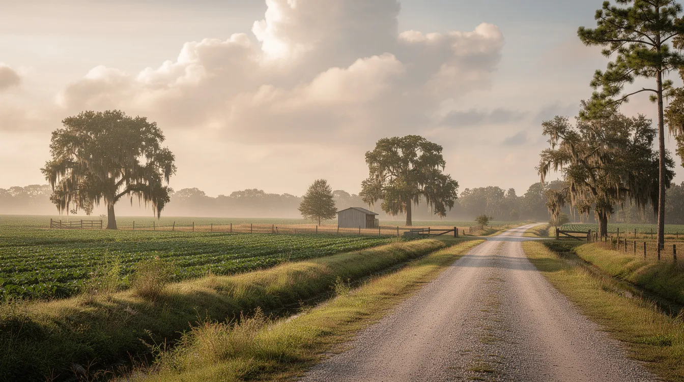 The image depicts a serene Louisiana rural landscape featuring expansive farmland dotted with trees under a clear blue sky. This tranquil setting reflects the hard work of farmers and the natural beauty of the region, which is home to many individuals who may rely on social security disability benefits or supplemental security income for support.