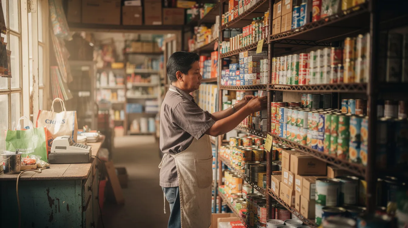 c2dad706 d645 47e7 b4d1 2d82c3e17b83 The image shows a small shopkeeper diligently arranging inventory on shelves inside a cozy retail store, highlighting the environment where micro enterprises thrive. This scene reflects the entrepreneurial spirit supported by initiatives like the Pradhan Mantri Mudra Yojana, which provides financial assistance to small business owners.