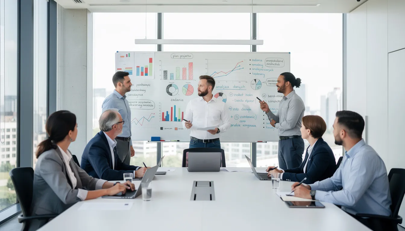 Na obrazie zespół pracowników bierze udział w spotkaniu roboczym, omawiając strategie doradztwa biznesowego przy tablicy pełnej wykresów i notatek. Wszyscy uczestnicy aktywnie współpracują, dążąc do osiągnięcia celów biznesowych i optymalizacji procesów w ich przedsiębiorstwie.