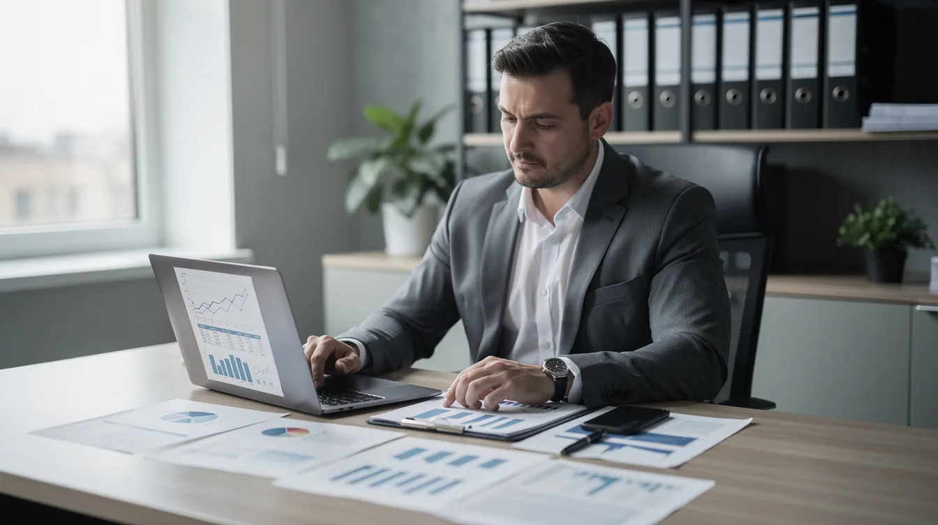 The image shows a business owner sitting at a desk, intently reviewing financial documents alongside a laptop, indicating a focus on business strategy and market research. This scene reflects the entrepreneurial journey of exploring profitable business ideas and planning for growth in various sectors such as food processing and digital marketing services.