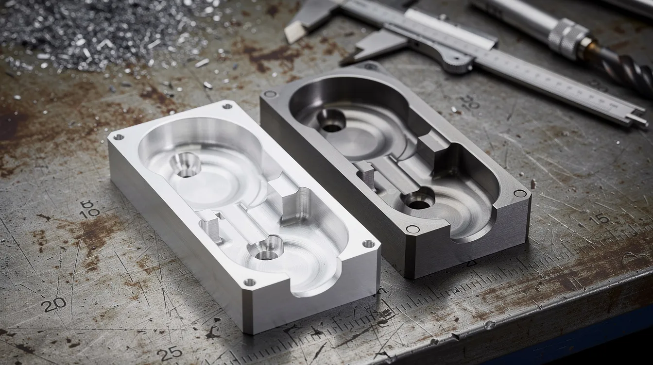The image shows aluminum and steel mold cavity blocks arranged side by side on a machinist workbench, highlighting the essential components used in the injection molding process and prototype tooling. These molds are integral to the production tooling and manufacturing process, enabling the creation of functional prototypes and final products.